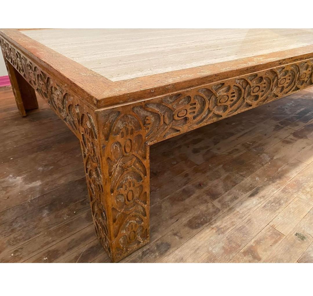 1990s Vintage Minton Spidell Carved Wood Coffee Table with Travertine Slab For Sale 4