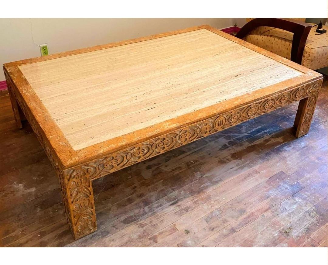 1990s Vintage Minton Spidell Carved Wood Coffee Table with Travertine Slab For Sale 1