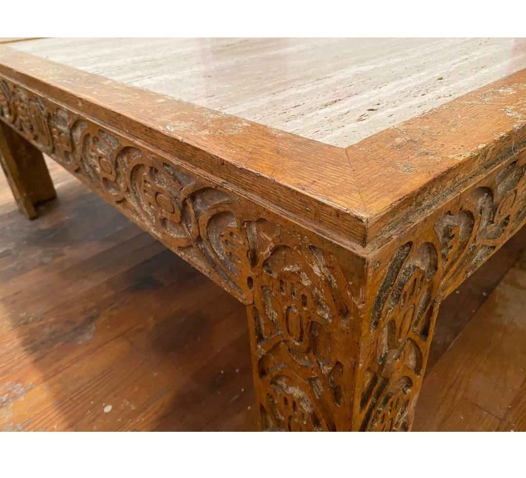 1990s Vintage Minton Spidell Carved Wood Coffee Table with Travertine Slab For Sale 3