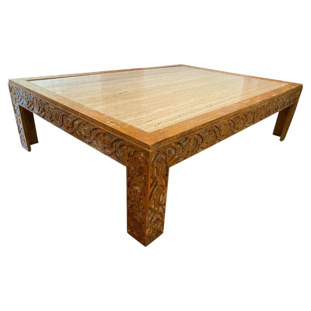 1990s Vintage Minton Spidell Carved Wood Coffee Table with Travertine Slab For Sale