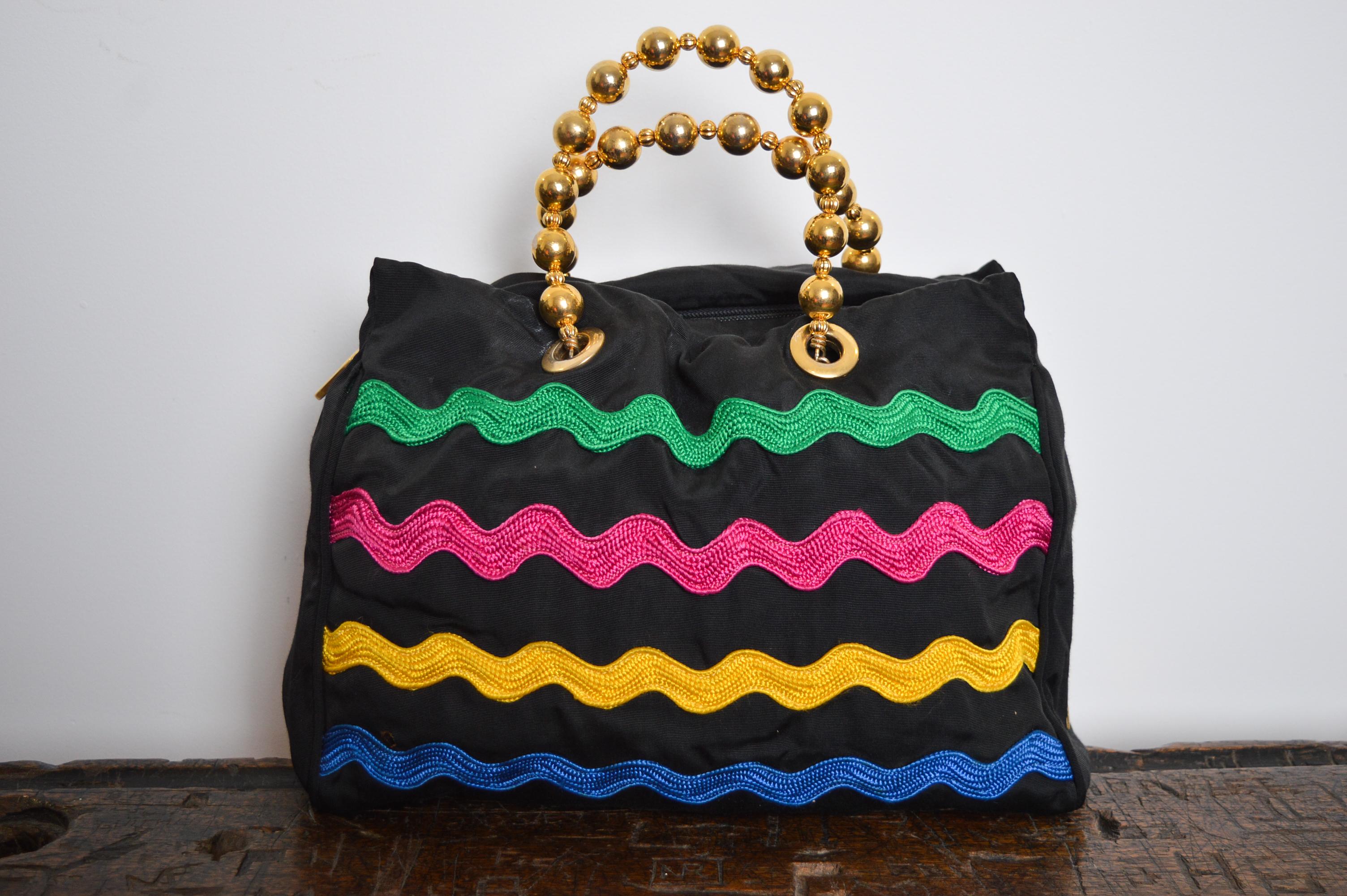 1990's Vintage Moschino Bag Colourful Camp Nylon Beaded Handle Handbag  For Sale 6