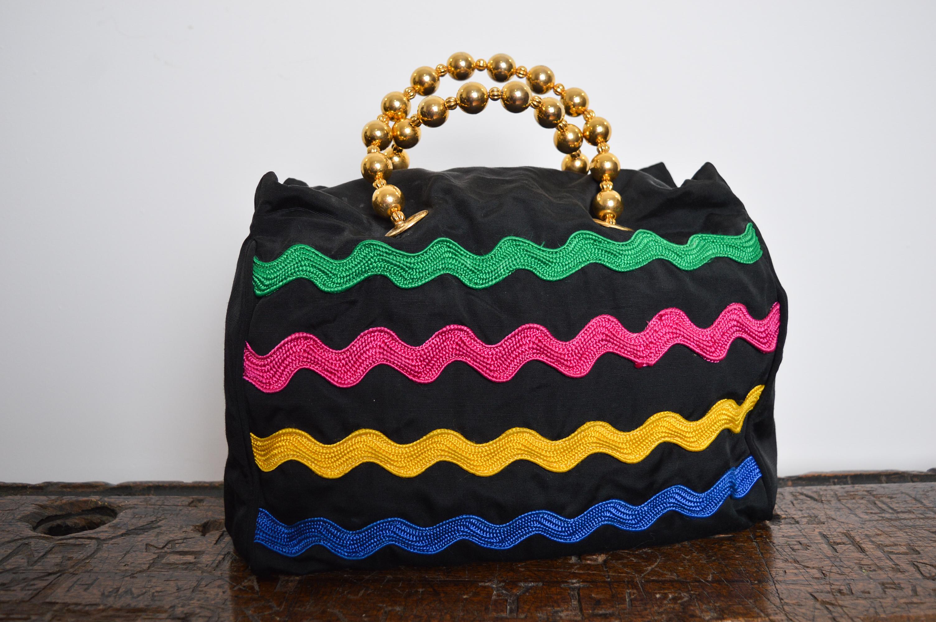 1990's Vintage Moschino Bag Colourful Camp Nylon Beaded Handle Handbag  For Sale 8