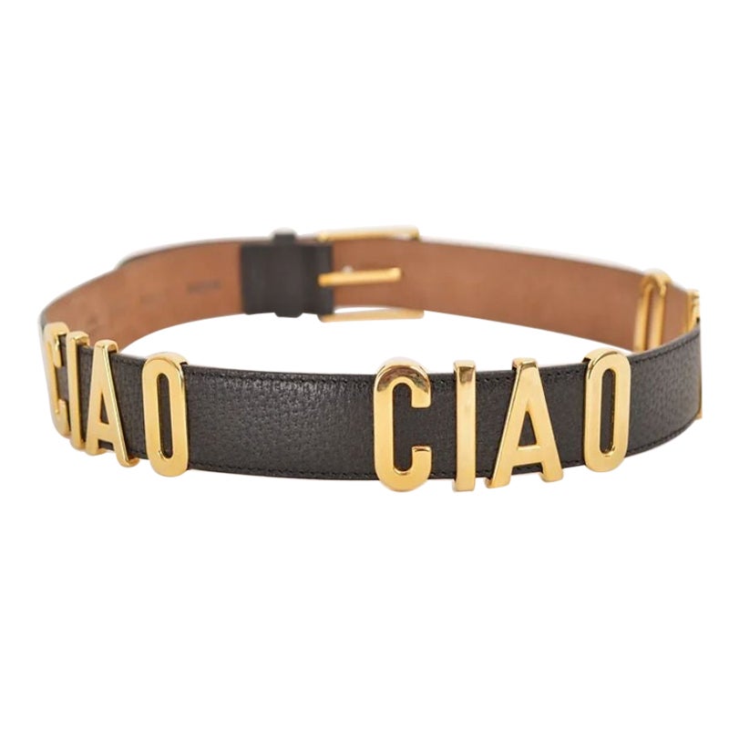 1990's Vintage Moschino 'Ciao Ciao Ciao' Letter Black & Gold Leather Waist Belt For Sale