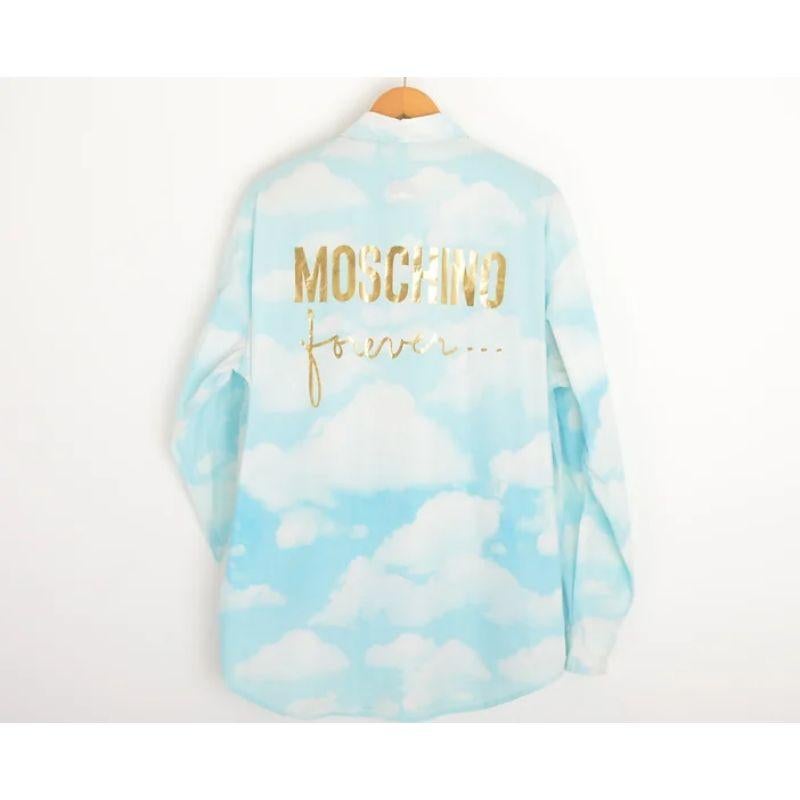 Women's or Men's 1990's Vintage Moschino 'Cloud' Print Sky Blue Long sleeve spell out Shirt