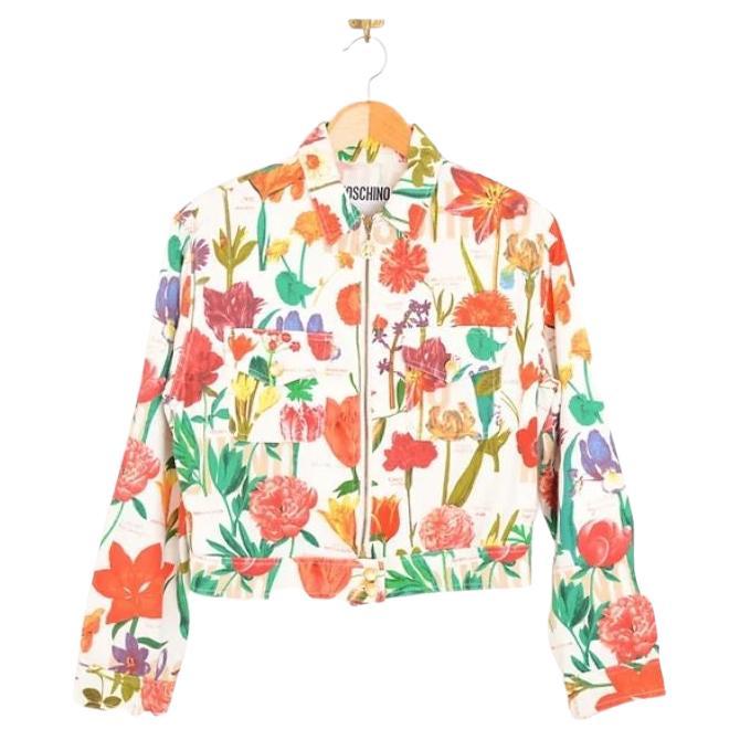 1990's Vintage Moschino Colourful Floral Pattern Print Denim Jacket For Sale