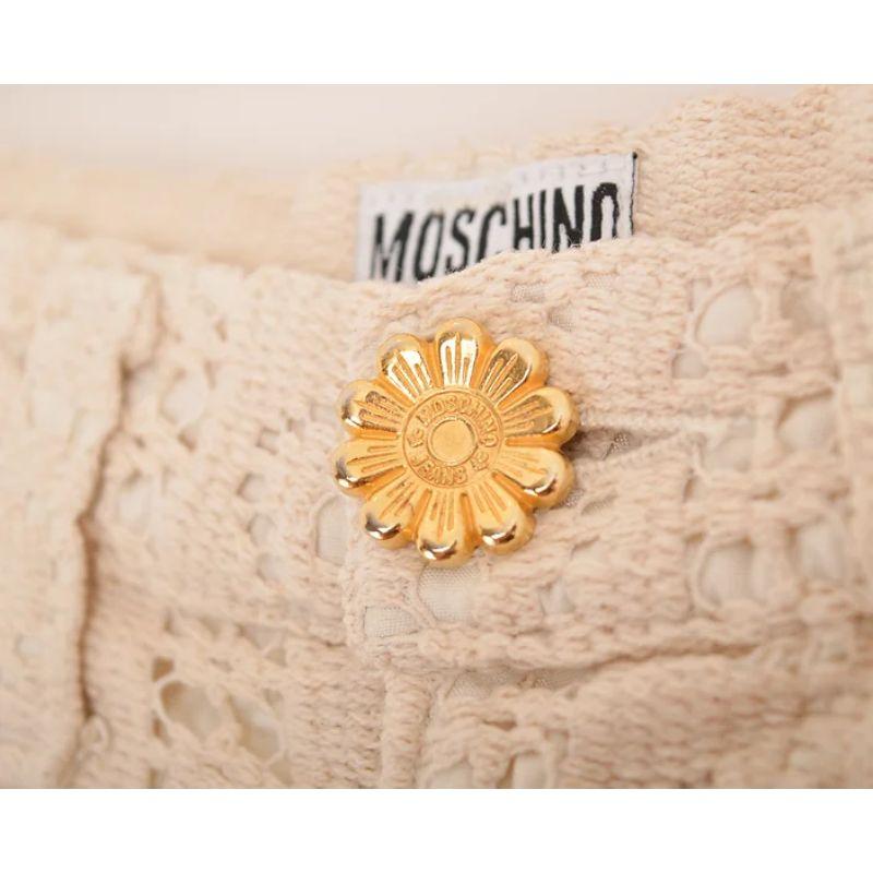 1990's Vintage Moschino Cream Crochet Lace High waisted Sheer Jeans - Pants For Sale 1