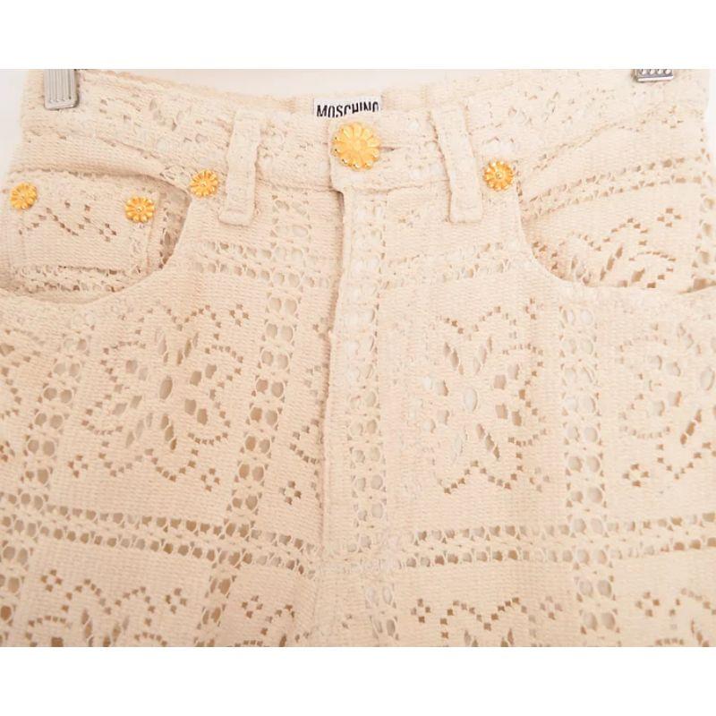 1990's Vintage Moschino Cream Crochet Lace High waisted Sheer Jeans - Pants For Sale 2