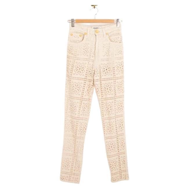 1990's Vintage Moschino Cream Crochet Lace High waisted Sheer Jeans - Pants For Sale