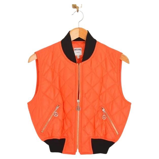 1990's Vintage Moschino Cropped Quilted Orange Bomber Jacket Gilet Vest For Sale