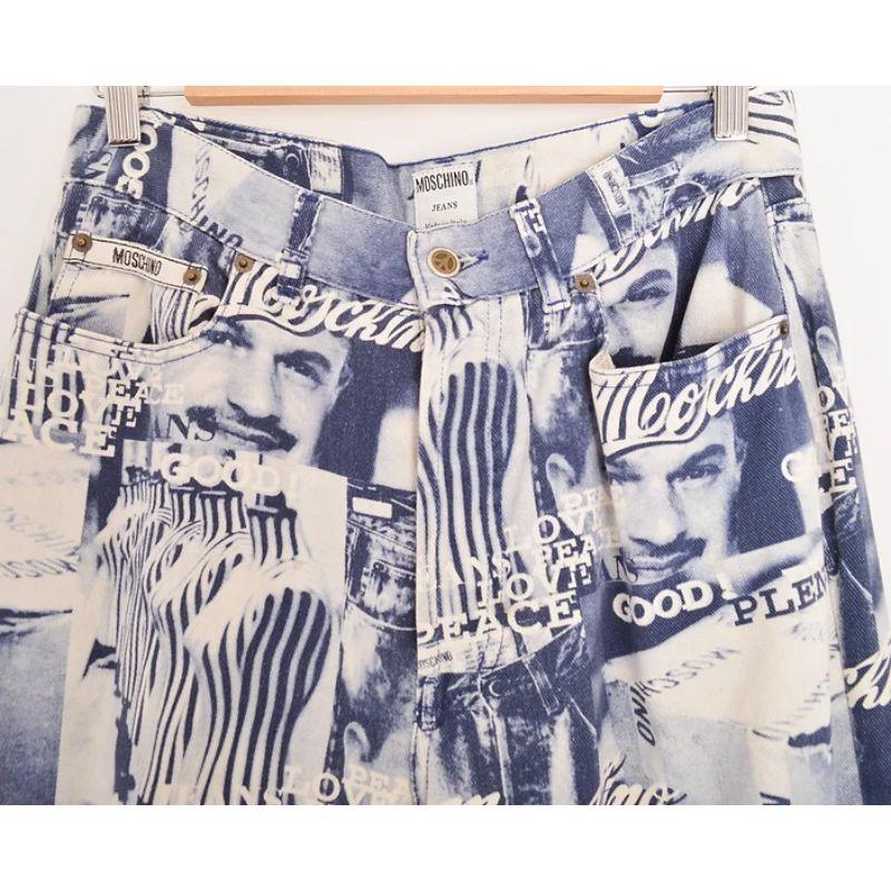 Vintage 1990's Moschino 'Franco' print graphic hight waisted Jeans in a blue and white colourway, depicting a pattern of the face of Franco Moschino himself. 

MADE IN ITALY !

Features:
Button fasten
Classic x4 pocket design
High Waisted fit

100%