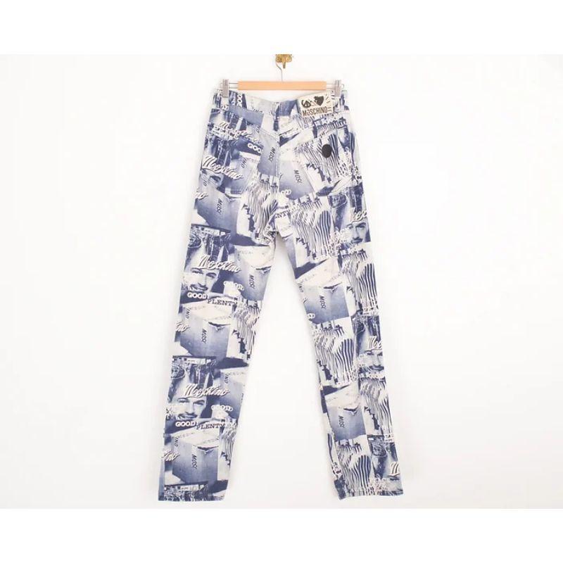 Women's or Men's 1990's Vintage Moschino 'Franco' Print Blue Graphic Pattern Trousers Jeans For Sale