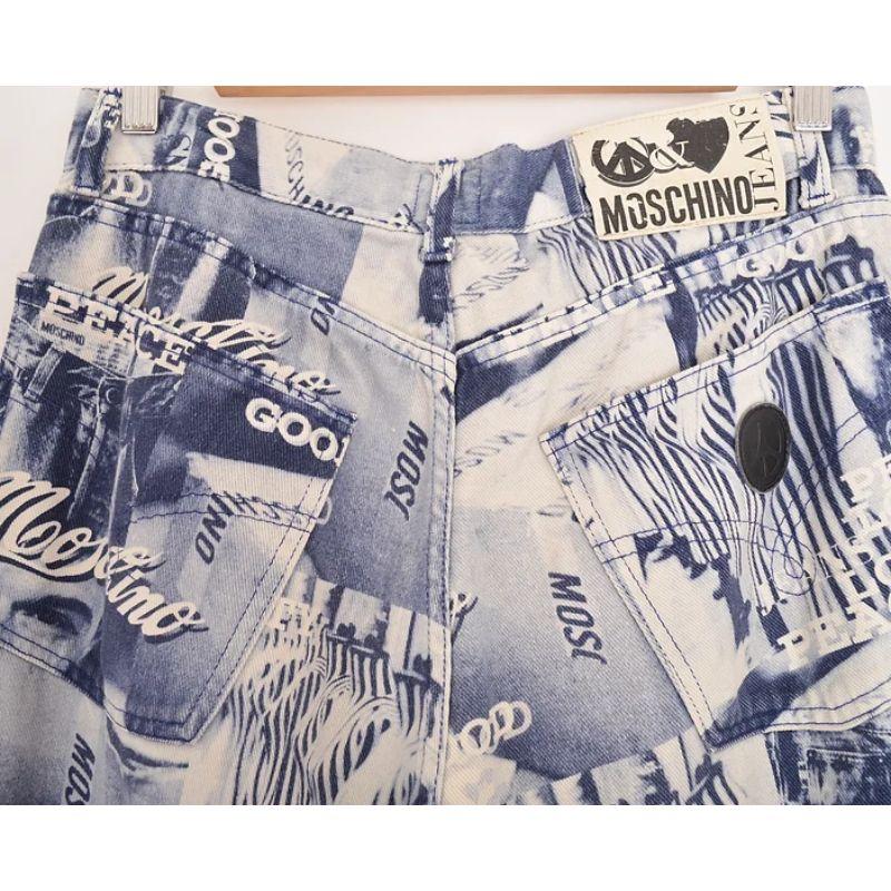 1990's Vintage Moschino 'Franco' Print Blue Graphic Pattern Trousers Jeans For Sale 1