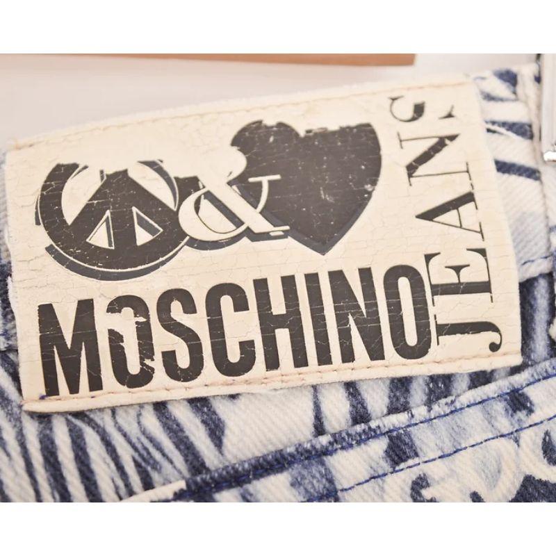 1990's Vintage Moschino 'Franco' Print Blue Graphic Pattern Trousers Jeans For Sale 2