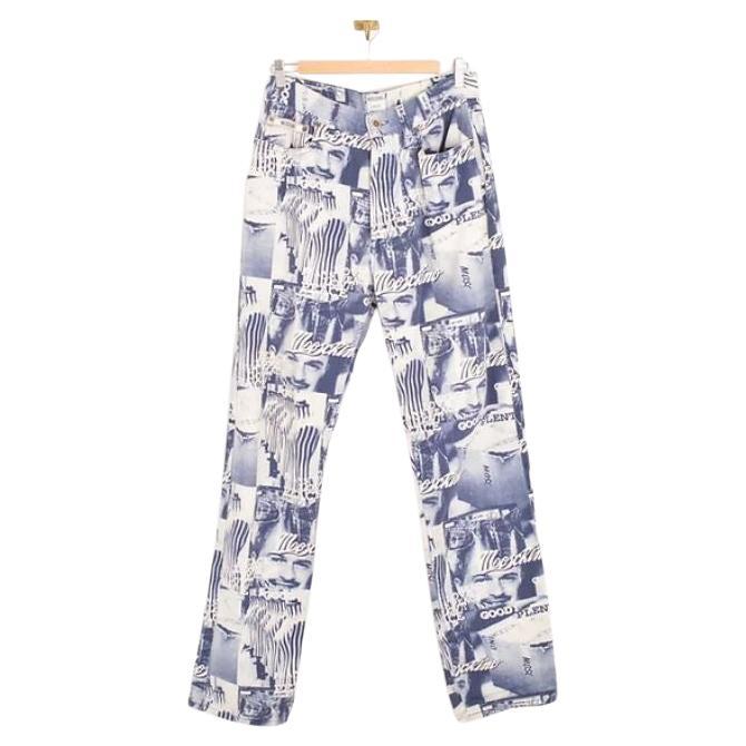 1990's Vintage Moschino 'Franco' Print Blue Graphic Pattern Trousers Jeans For Sale