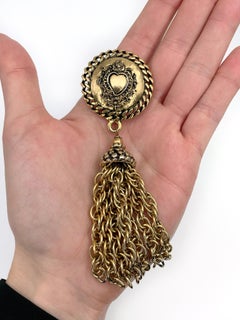 1990s Vintage Moschino Gold Tone Heart Tassel Pin Brooch
