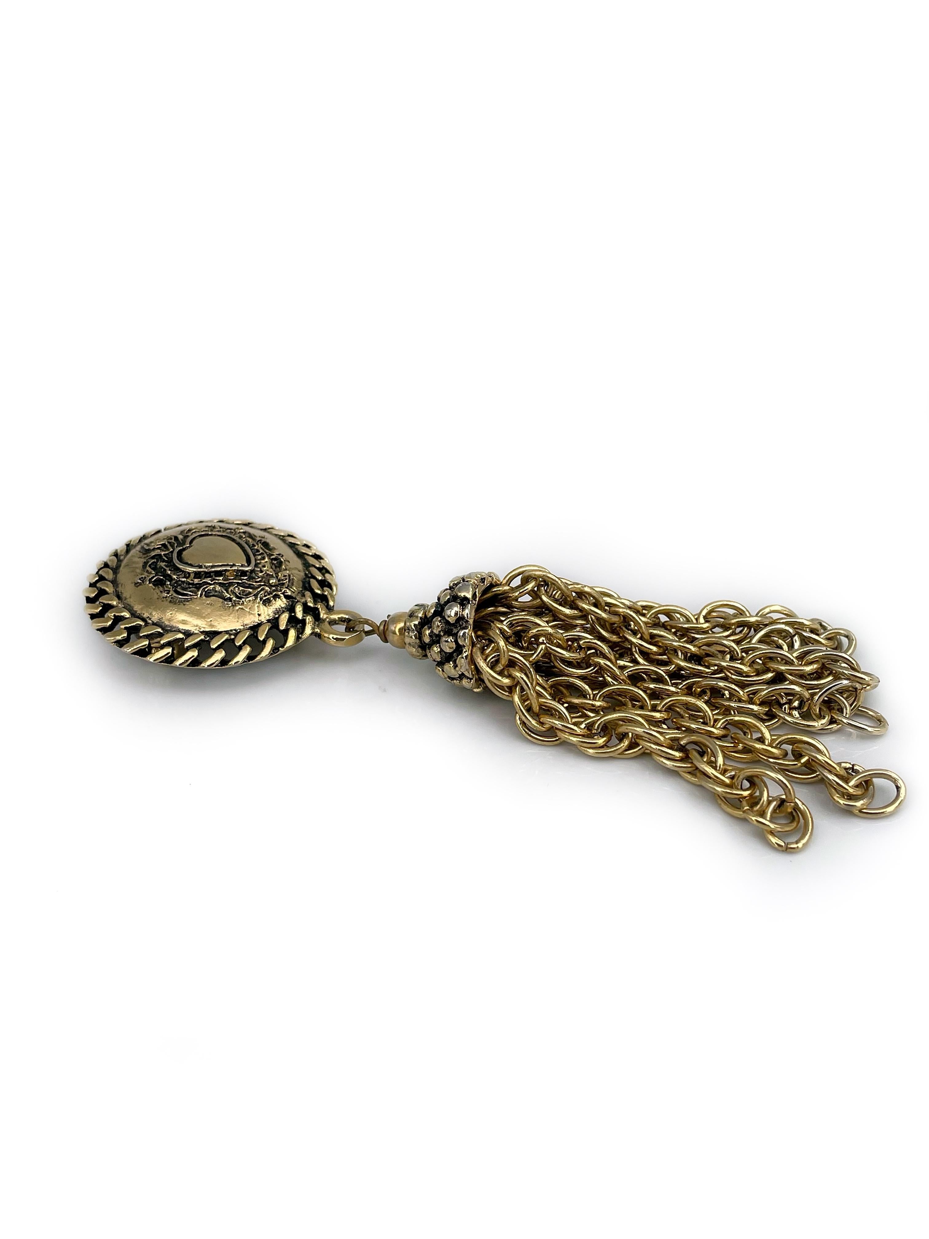Modern 1990s Vintage Moschino Gold Tone Heart Tassel Pin Brooch