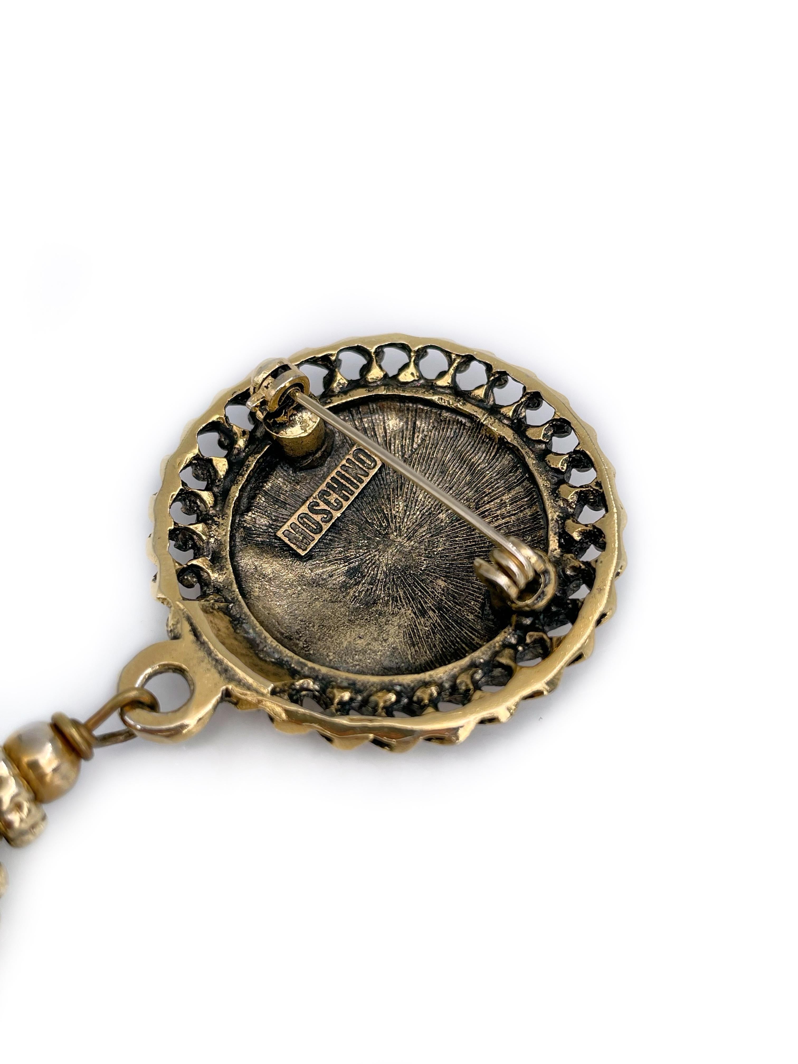 Women's 1990s Vintage Moschino Gold Tone Heart Tassel Pin Brooch