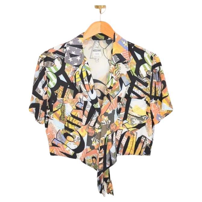 1990's Vintage Moschino Graffiti Pattern Knot Tie Crop Top style Shirt Blouse