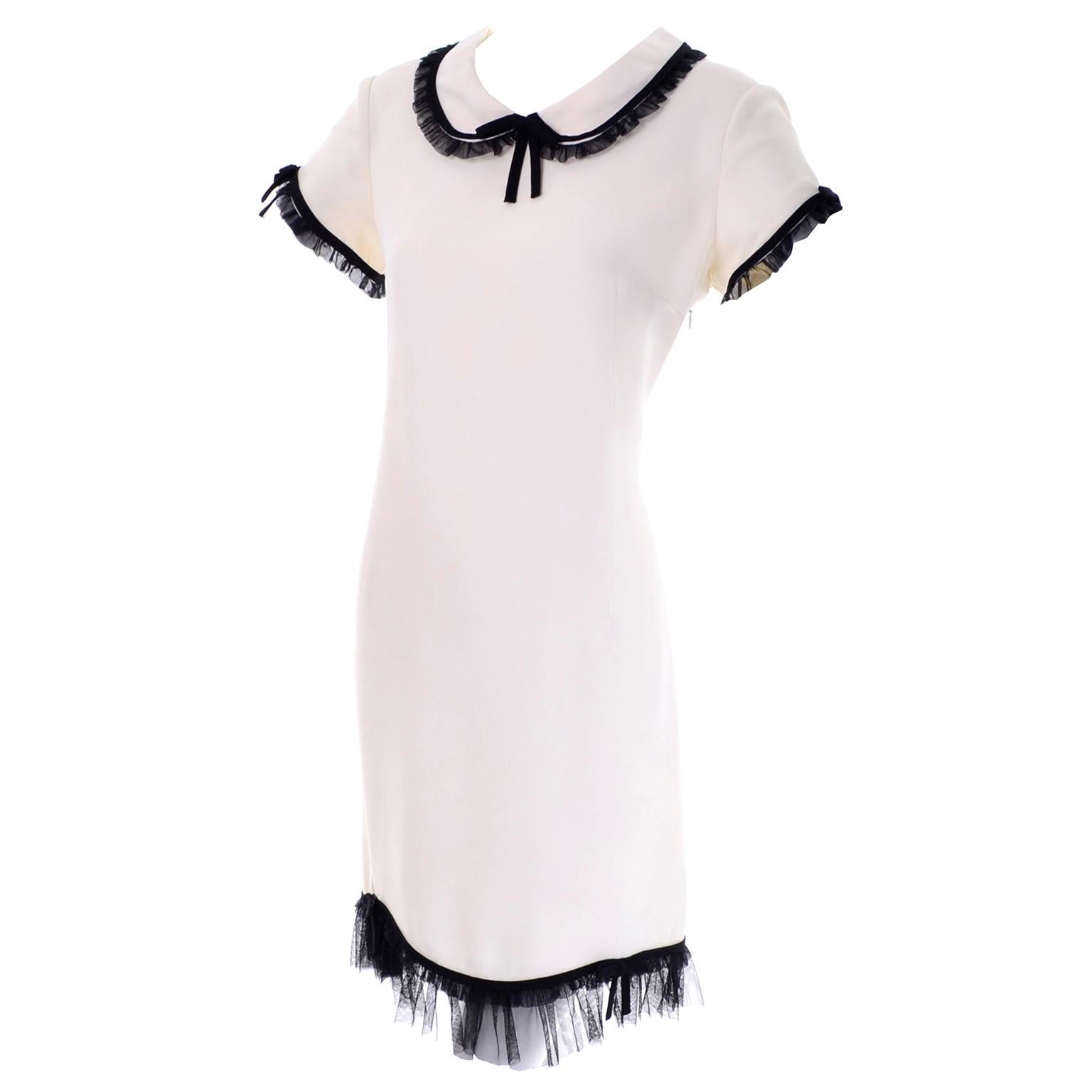 1990s Vintage Moschino Ivory Crepe Dress With Black Tulle Net Ruffle Trim & Bow