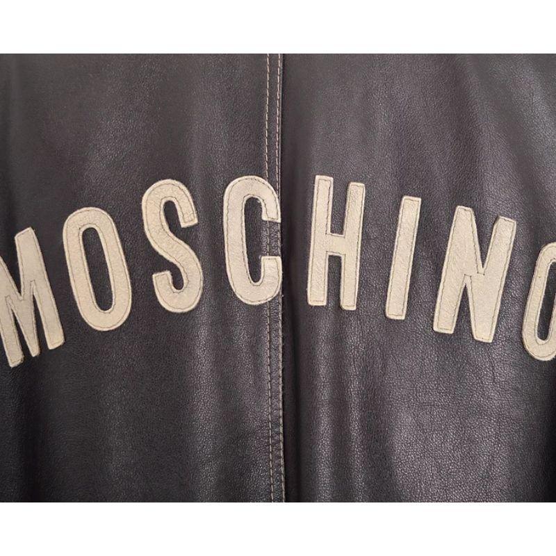 Women's 1990's Vintage Moschino Leather & Dark Denim Double Breasted Spell Out Jacket For Sale