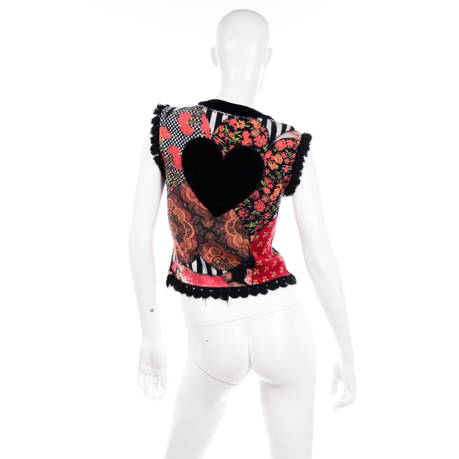 Women's 1990s Vintage Moschino Mixed Pattern Vest With Giant Heart and Black Fringe Trim