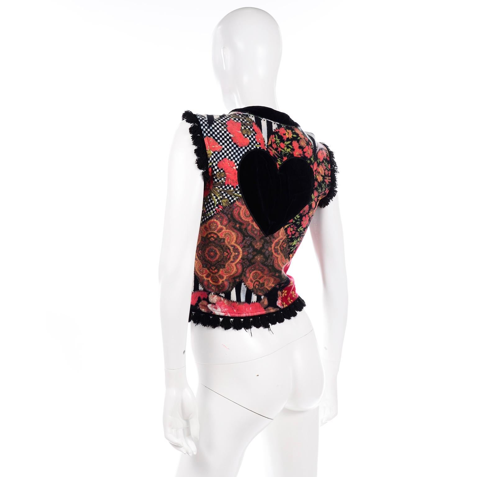 1990s Vintage Moschino Mixed Pattern Vest With Giant Heart and Black Fringe Trim 1