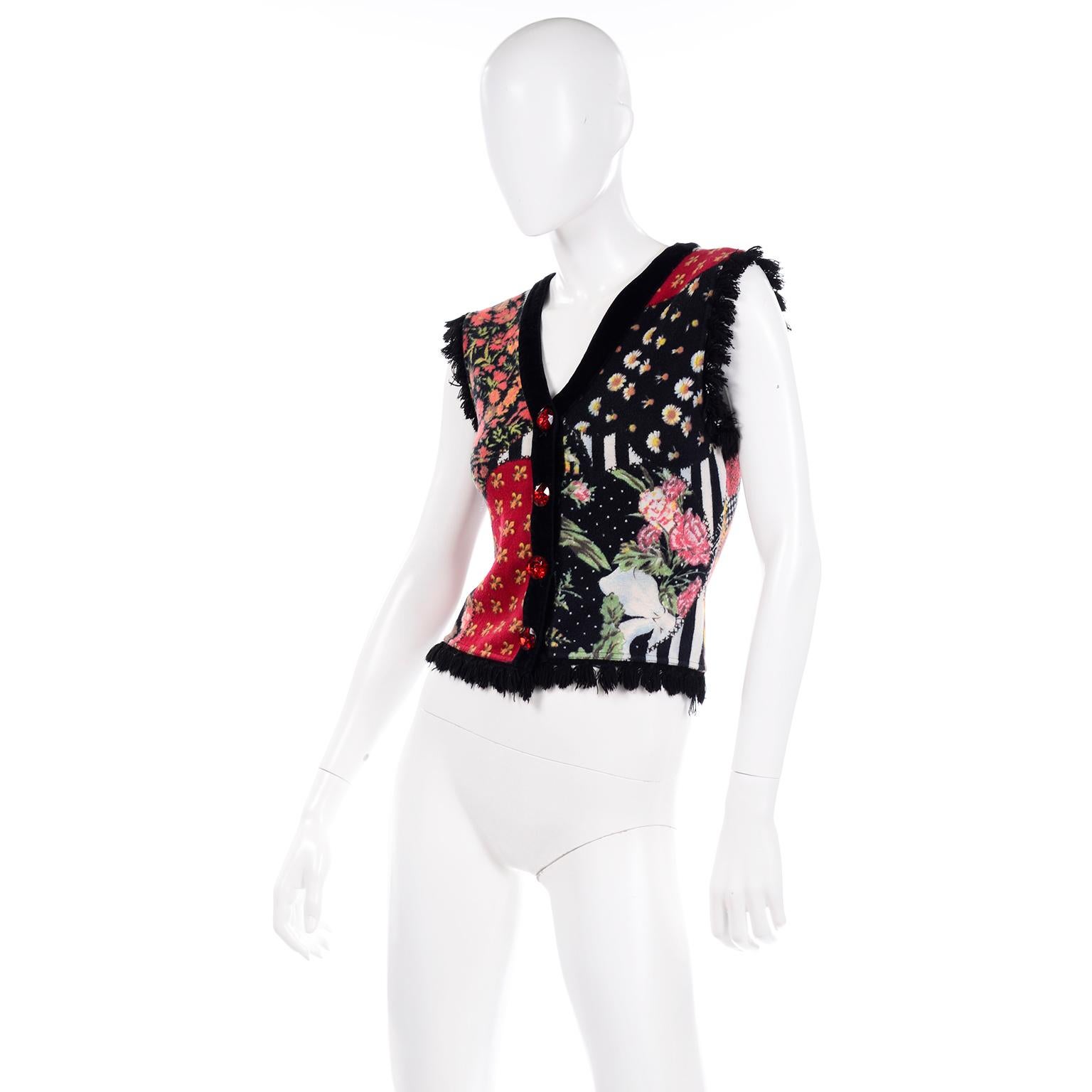 1990s Vintage Moschino Mixed Pattern Vest With Giant Heart and Black Fringe Trim 2