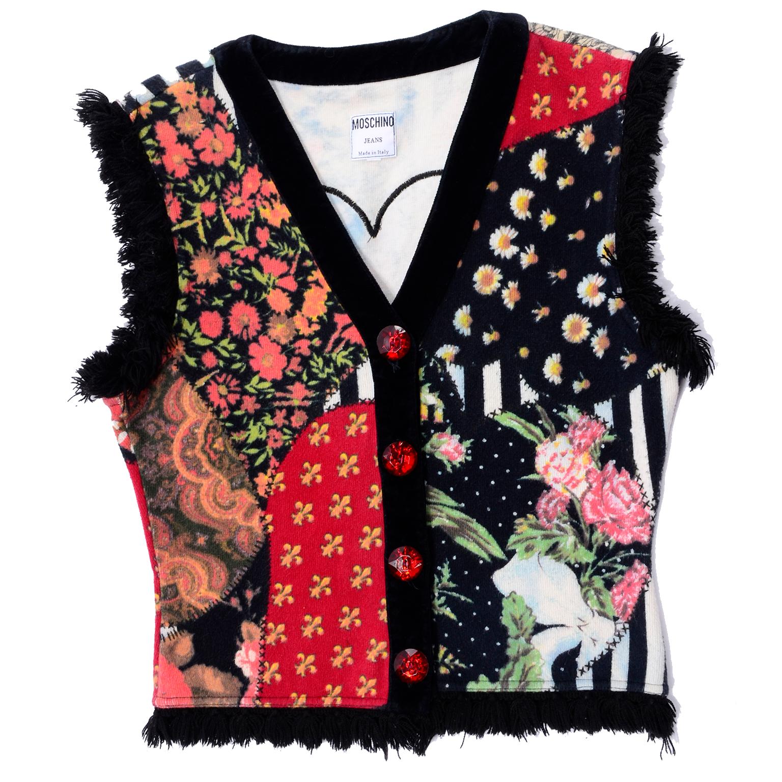1990s Vintage Moschino Mixed Pattern Vest With Giant Heart and Black Fringe Trim 3