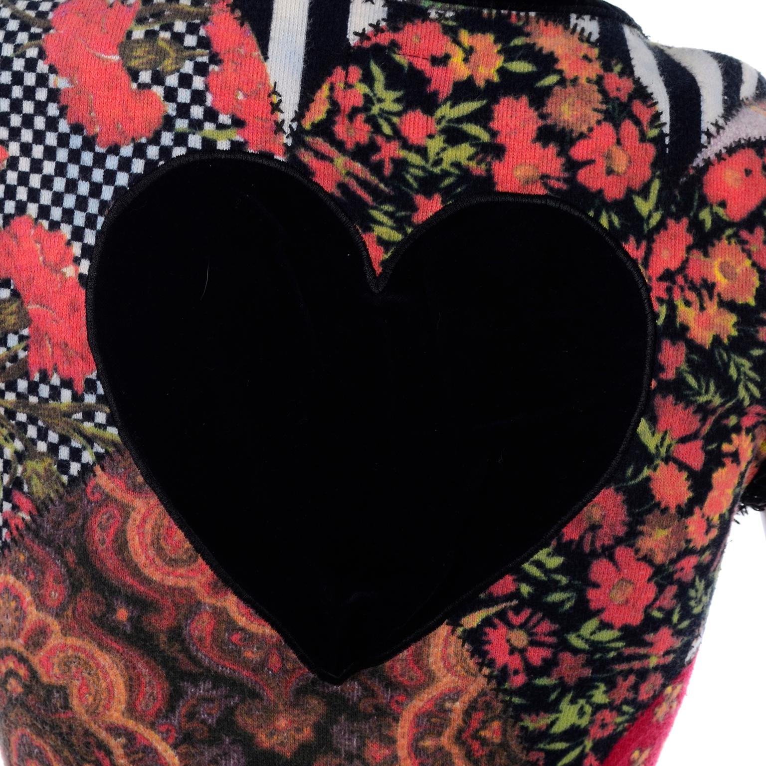 1990s Vintage Moschino Mixed Pattern Vest With Giant Heart and Black Fringe Trim 4