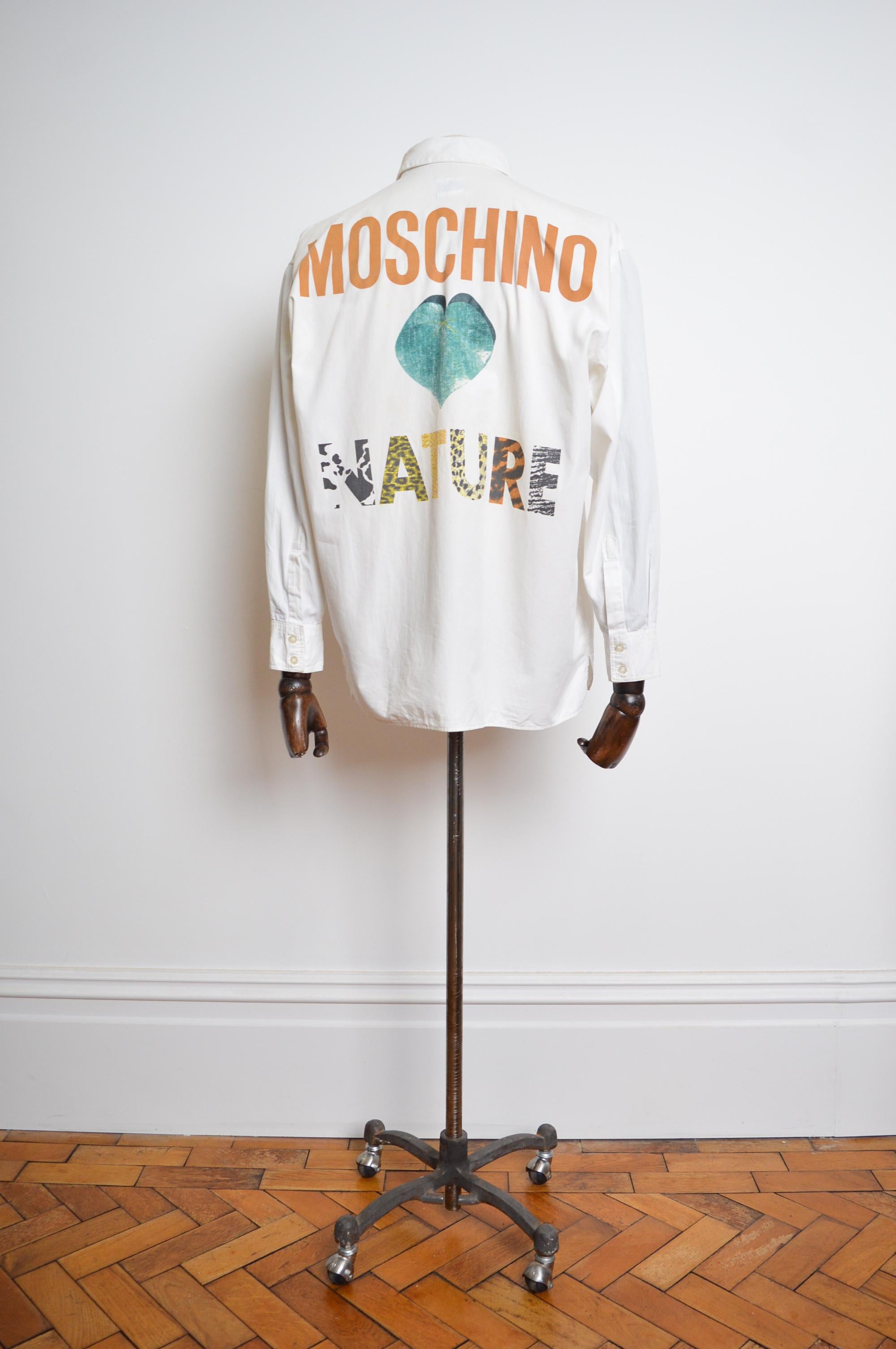 1990's Vintage MOSCHINO Nature Print Spell out White Cotton Summer shirt 3