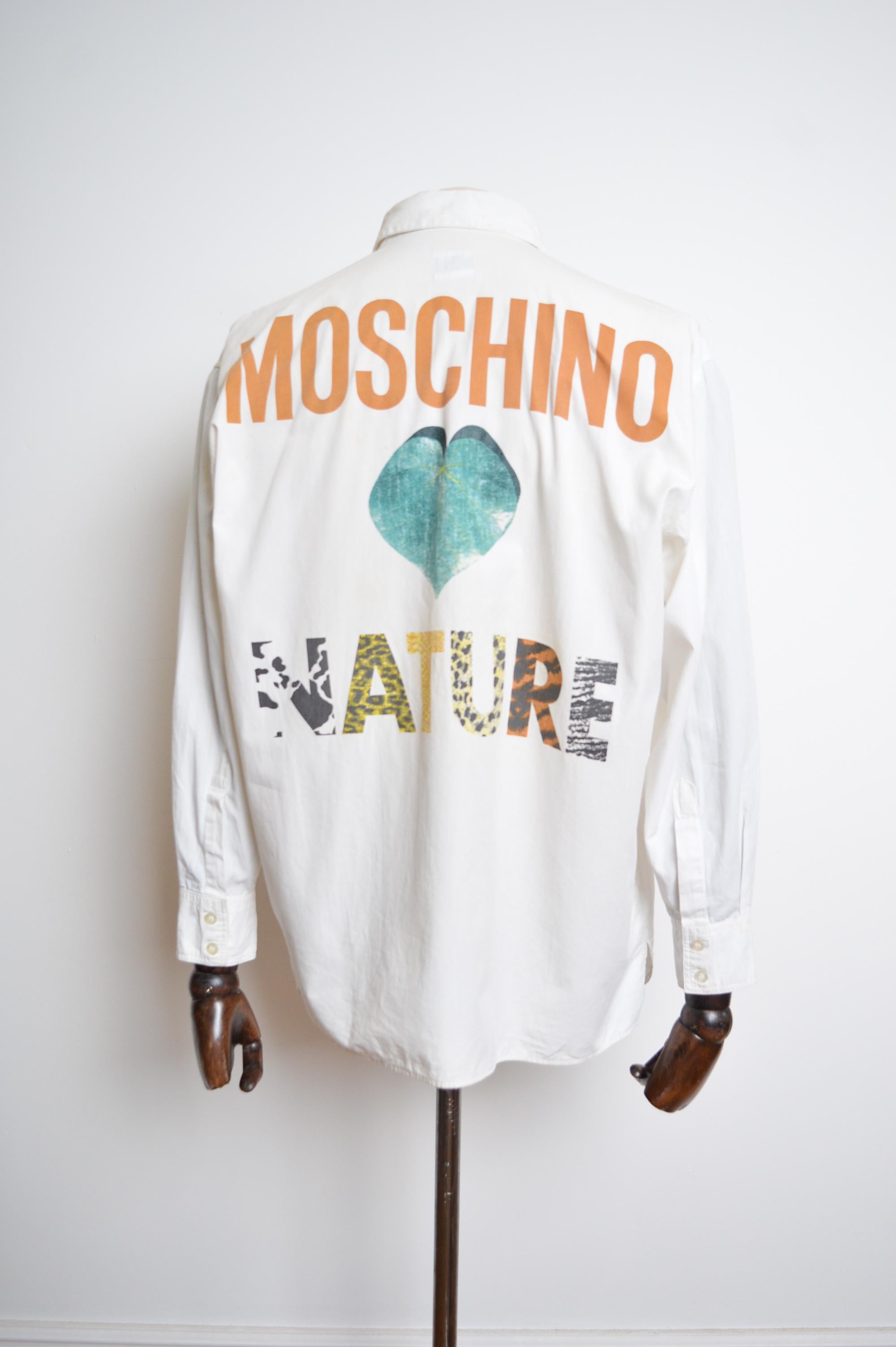 1990's Vintage MOSCHINO Nature Print Spell out White Cotton Summer shirt 4