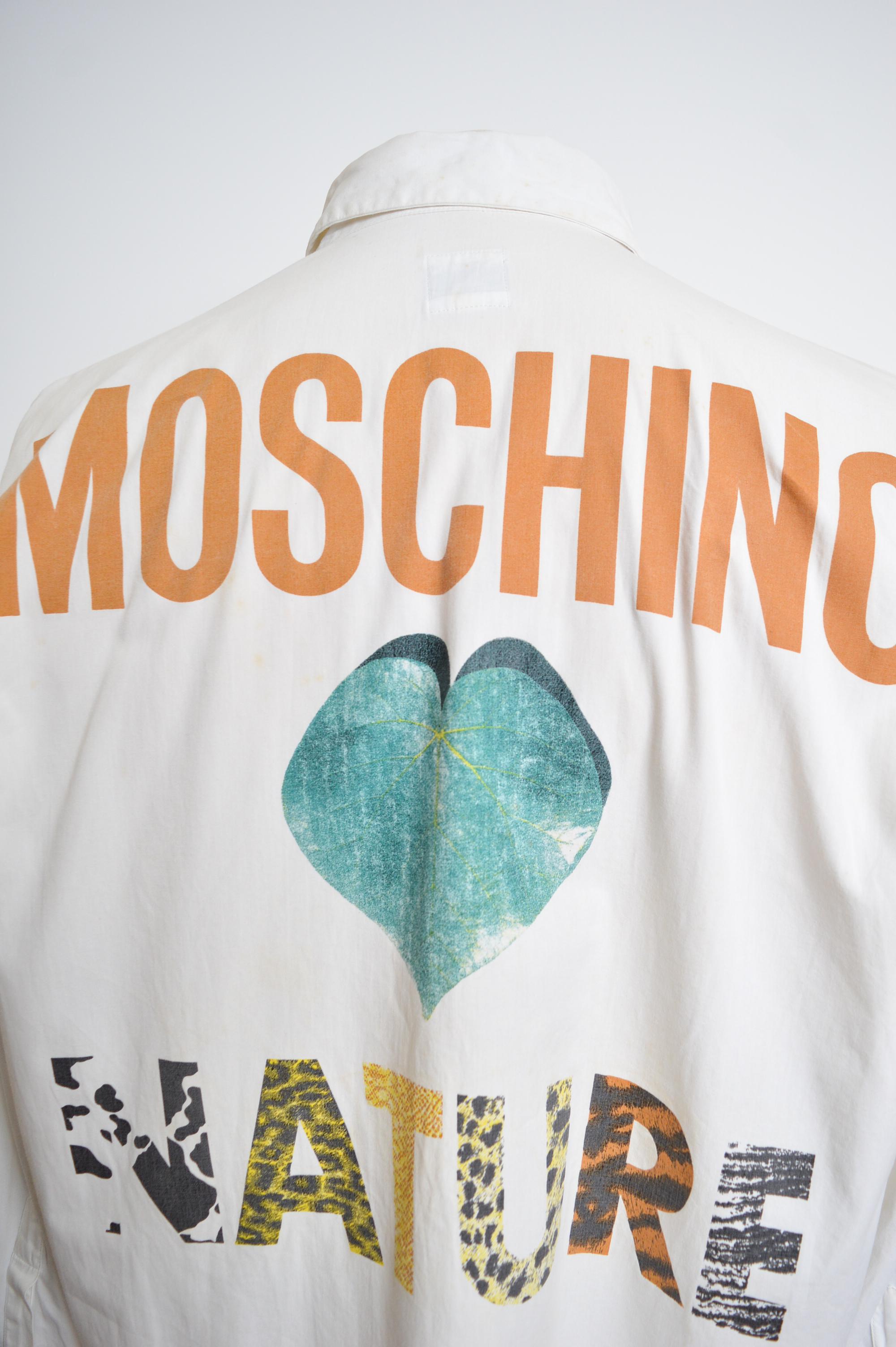 1990's Vintage MOSCHINO Nature Print Spell out White Cotton Summer shirt 5