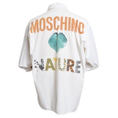 1990's Vintage MOSCHINO Nature Print Spell out Weißes Baumwollhemd Sommer