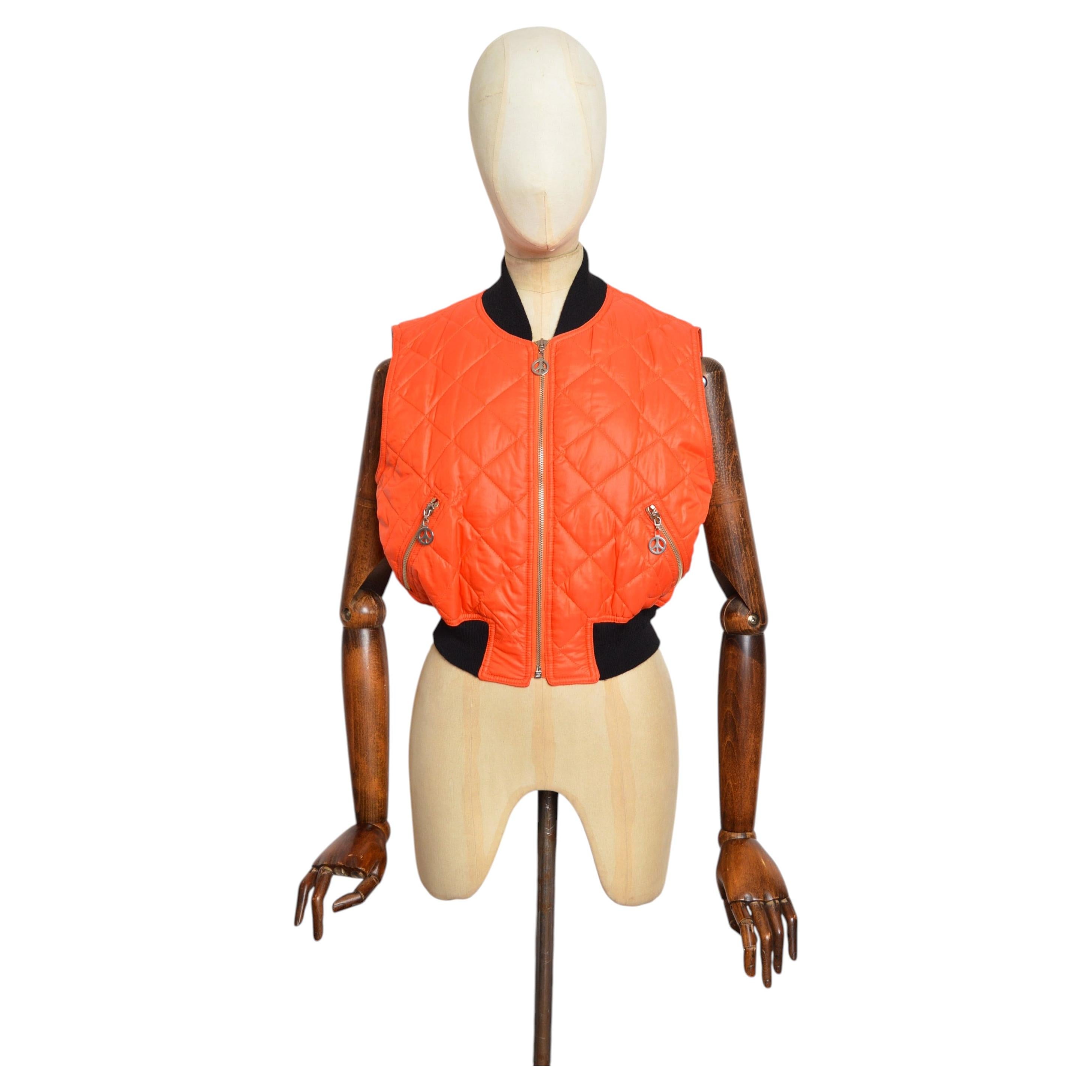1990's Vintage MOSCHINO Quilted Orange MA1 Bomber Cropped Jacket Gilet Vest