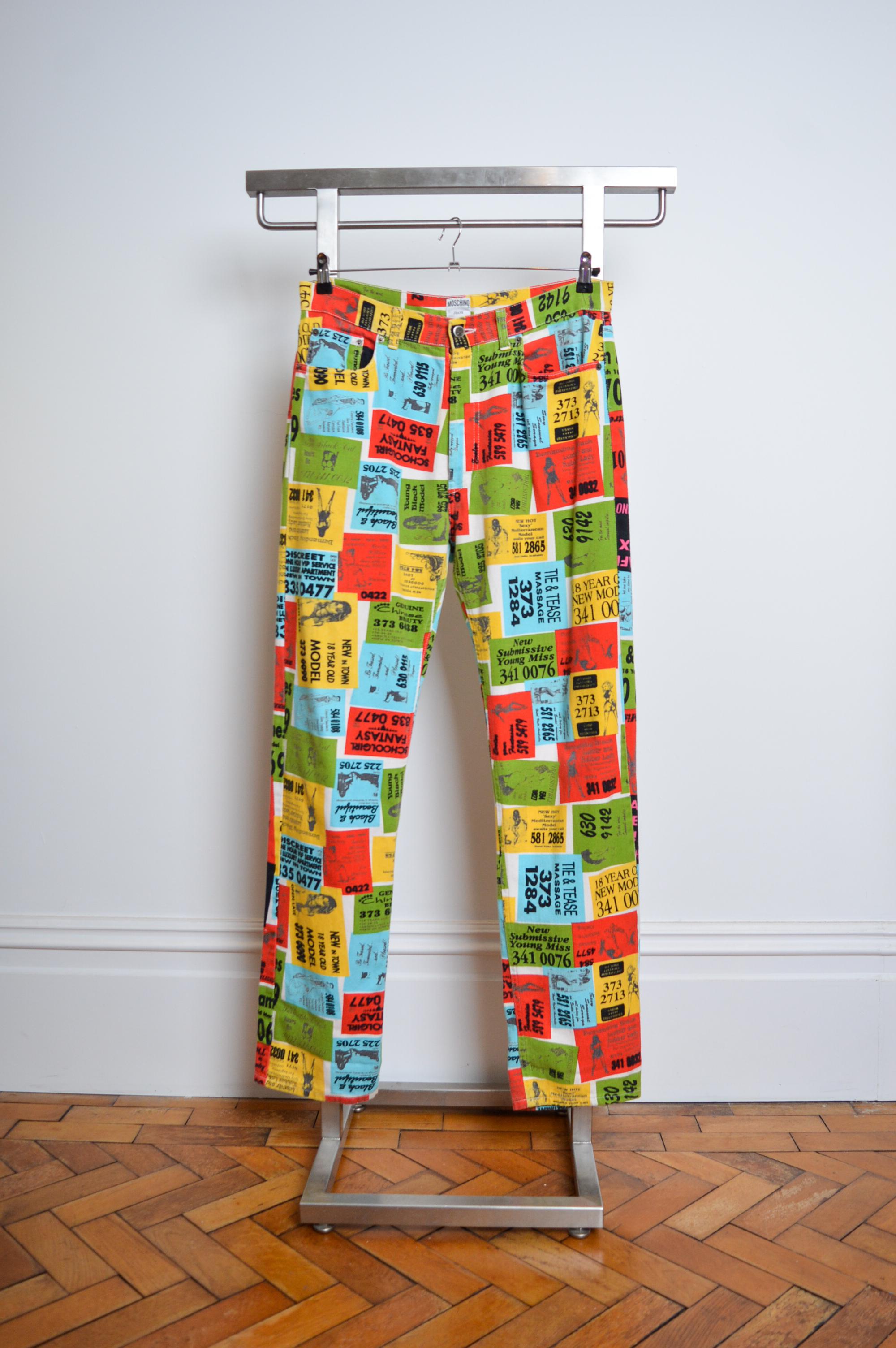 Rare and Iconic early 1990's Vintage Moschino 'Pin- Up mag' Jeans in an extremely vibrant print depicting images of Magazine adverts of Working Girls. 

Features: Zip / Button Closure, Classic 4 Pocket design, Belt Loops, Archive Print - Hard to