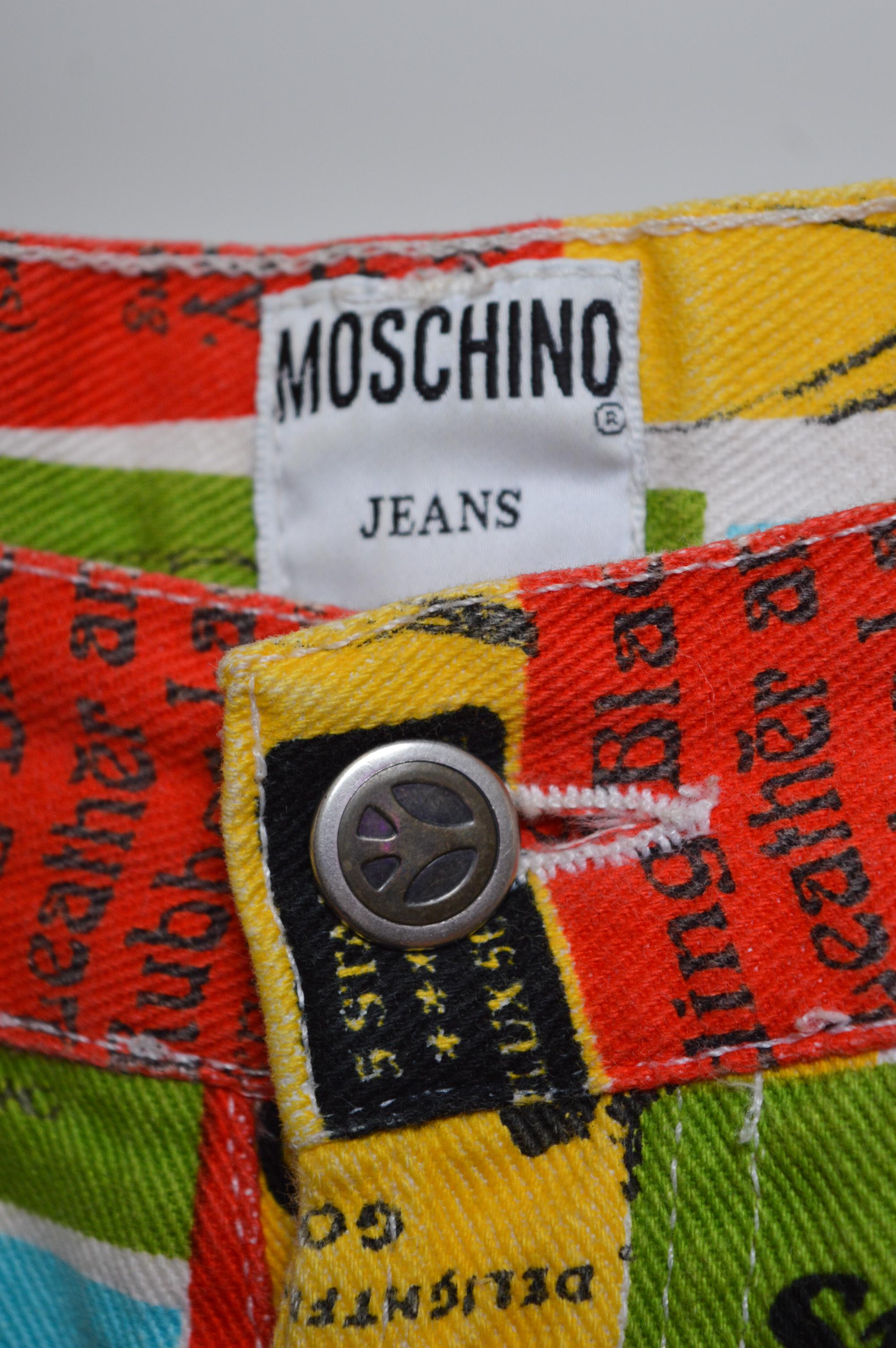 Men's 1990's Vintage MOSCHINO Safe Sex - Rare Colourful Pin Up Jeans - Trousers For Sale