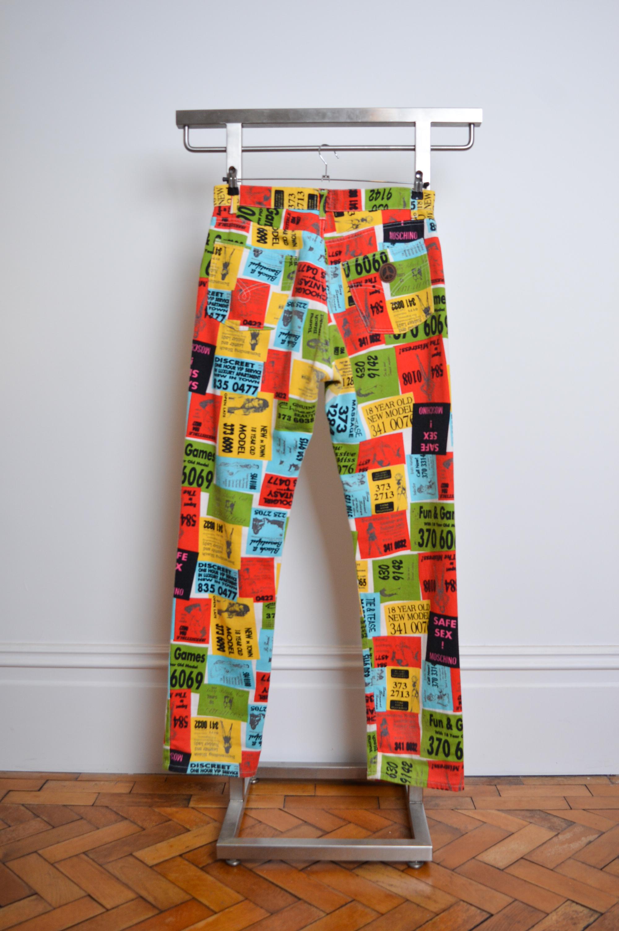 1990's Vintage MOSCHINO Safe Sex - Rare Colourful Pin Up Jeans - Trousers For Sale 3