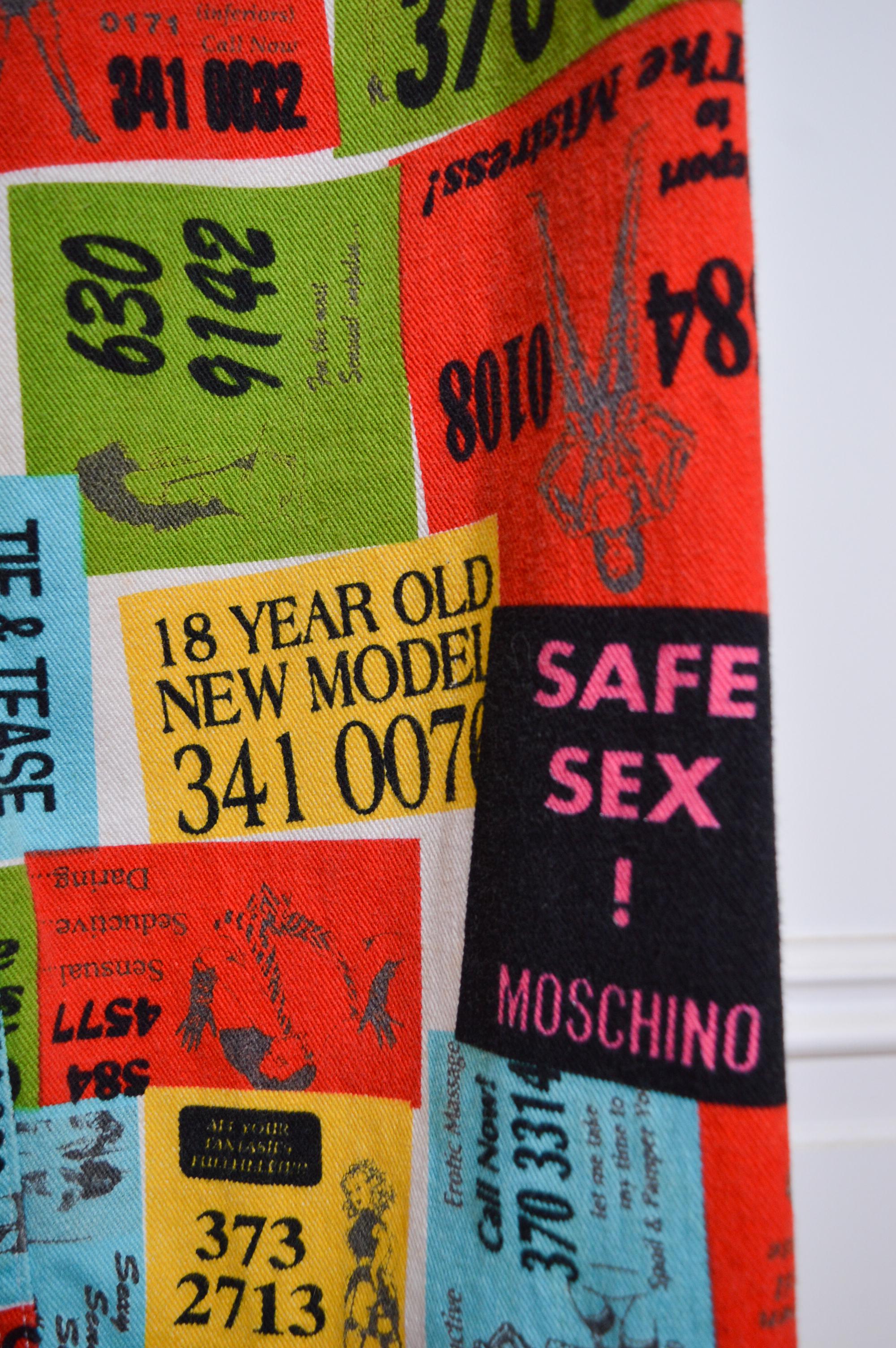 1990's Vintage MOSCHINO Safe Sex - Rare Colourful Pin Up Jeans - Trousers For Sale 4
