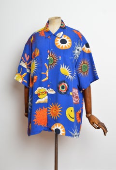 1990's Vintage Moschino Smiley Rave Face & Suns Pattern Short sleeve Blue Shirt