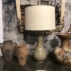 1990s Vintage Olive Green Ceramic Table Lamp with Drum Shade