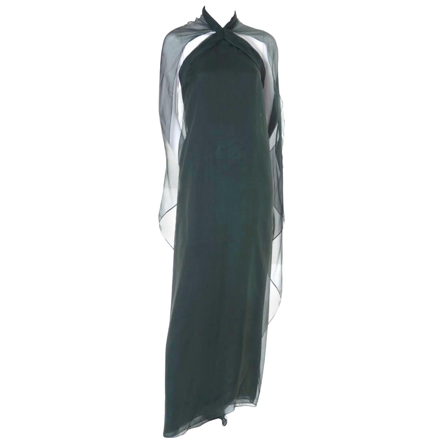 1990s Vintage Oscar de la Renta Dress Evening Gown in Green Silk Chiffon w Scarf