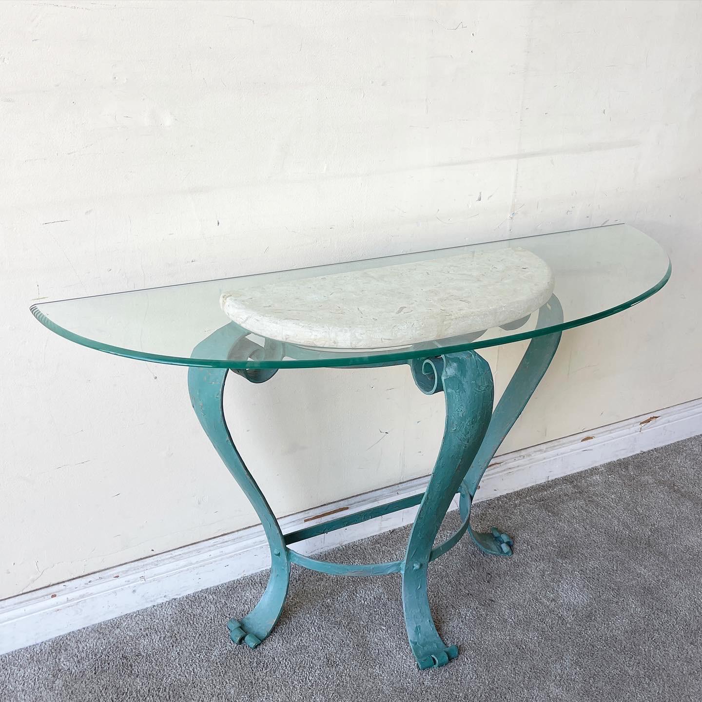 Incredible postmodern/traditional metal Demi lune console table with a beveled glass top. Feature a green finished metal frame with a tessellated stone top.