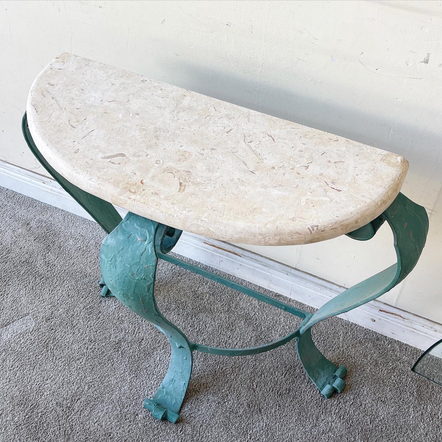 Post-Modern 1990s Vintage Postmodern Tessellated Stone Glass Top Demi Lune Table For Sale