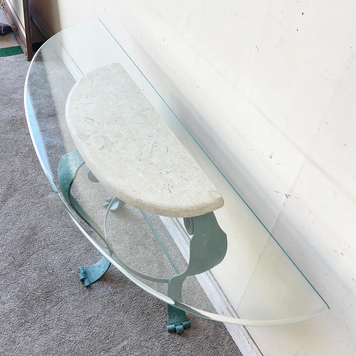 1990s Vintage Postmodern Tessellated Stone Glass Top Demi Lune Table In Good Condition For Sale In Delray Beach, FL