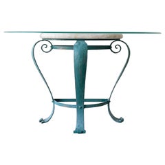 1990s Vintage Postmodern Tessellated Stone Glass Top Demi Lune Table