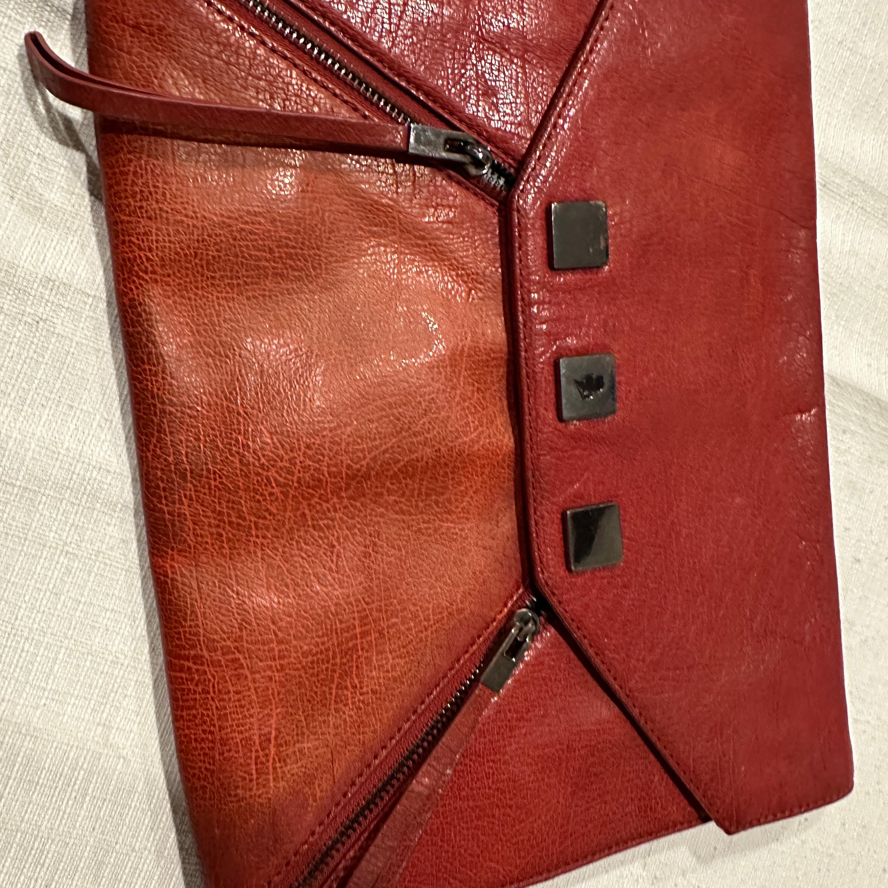 Women's or Men's 1990s Vintage Red Leather Karl Lagerfeld Envelope Bag For Sale