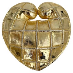 1990s Retro Rochas Gold Tone Large Heart Pin Brooch