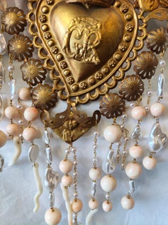 1990s Vintage sacred heart gold tone rose and white stones necklace