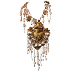 1990s Vintage sacred heart gold tone rose and white stones necklace
