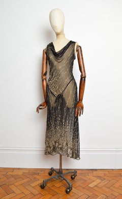 1990’s Vintage Sheer Long Black Bias Cut Silk Beaded Evening Gown